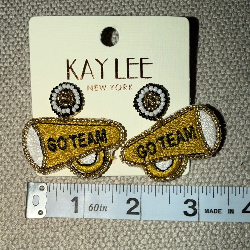 Kay Lee Gold & White Embroidered 'Go Team' Beaded CheerLeader Megaphone Earrings - Picture 3 of 3